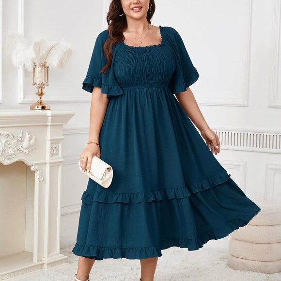 Women's Plus Size Maxi Dress Polyester Square Neck Short Sleeves Elegant - Picture 7 of 7